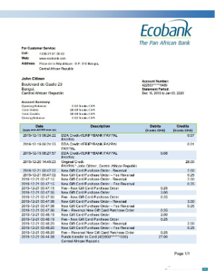 Download Central African Republic Ecobank bank statement eexcel Photoshop template